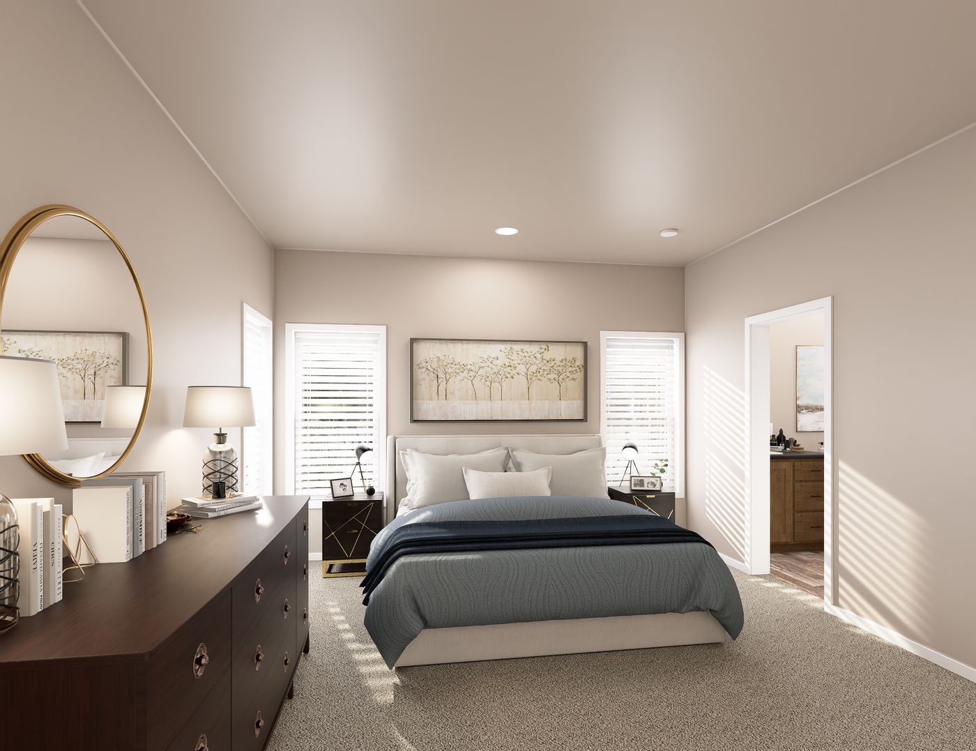 The PREFERRED PLUS CP601F CLAYTON Primary Bedroom. This Manufactured Mobile Home features 3 bedrooms and 2 baths.