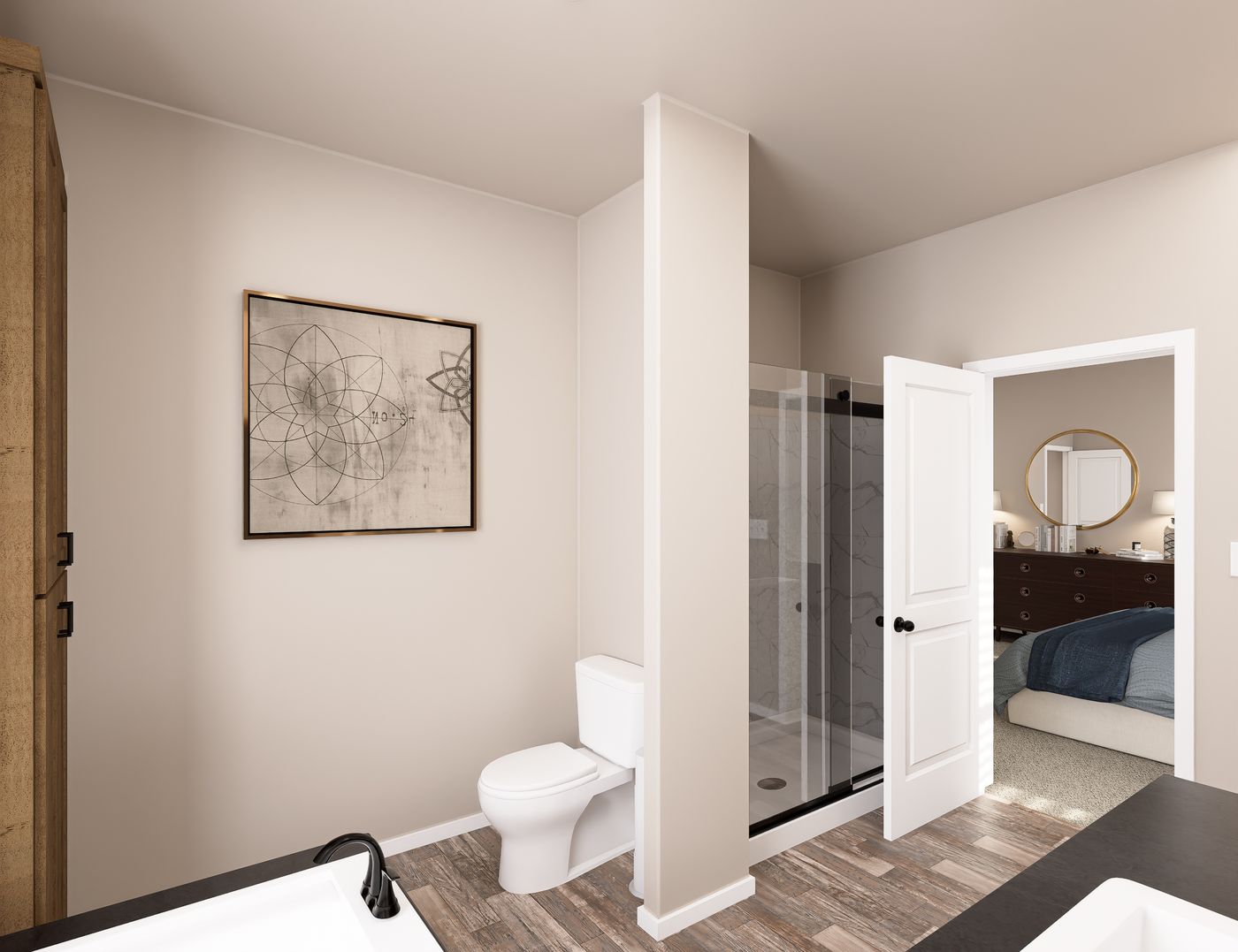 The PREFERRED PLUS CP601F CLAYTON Primary Bathroom. This Manufactured Mobile Home features 3 bedrooms and 2 baths.