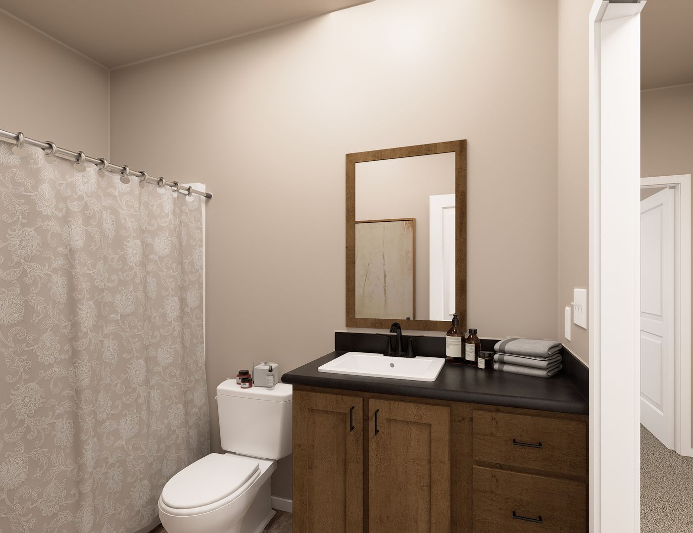 The PREFERRED PLUS CP601F CLAYTON Guest Bathroom. This Manufactured Mobile Home features 3 bedrooms and 2 baths.