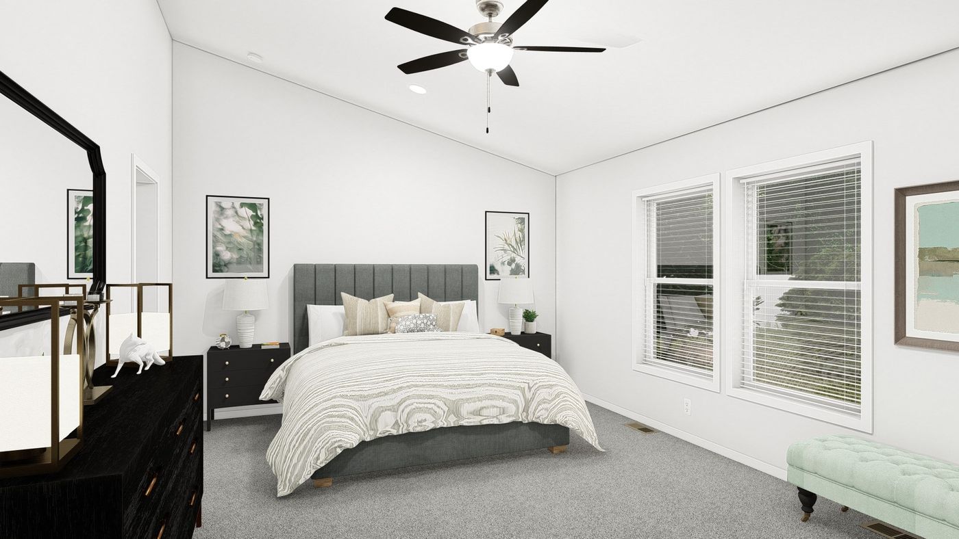 The ING564F SHASTA              GW Primary Bedroom. This Manufactured Mobile Home features 3 bedrooms and 2 baths.