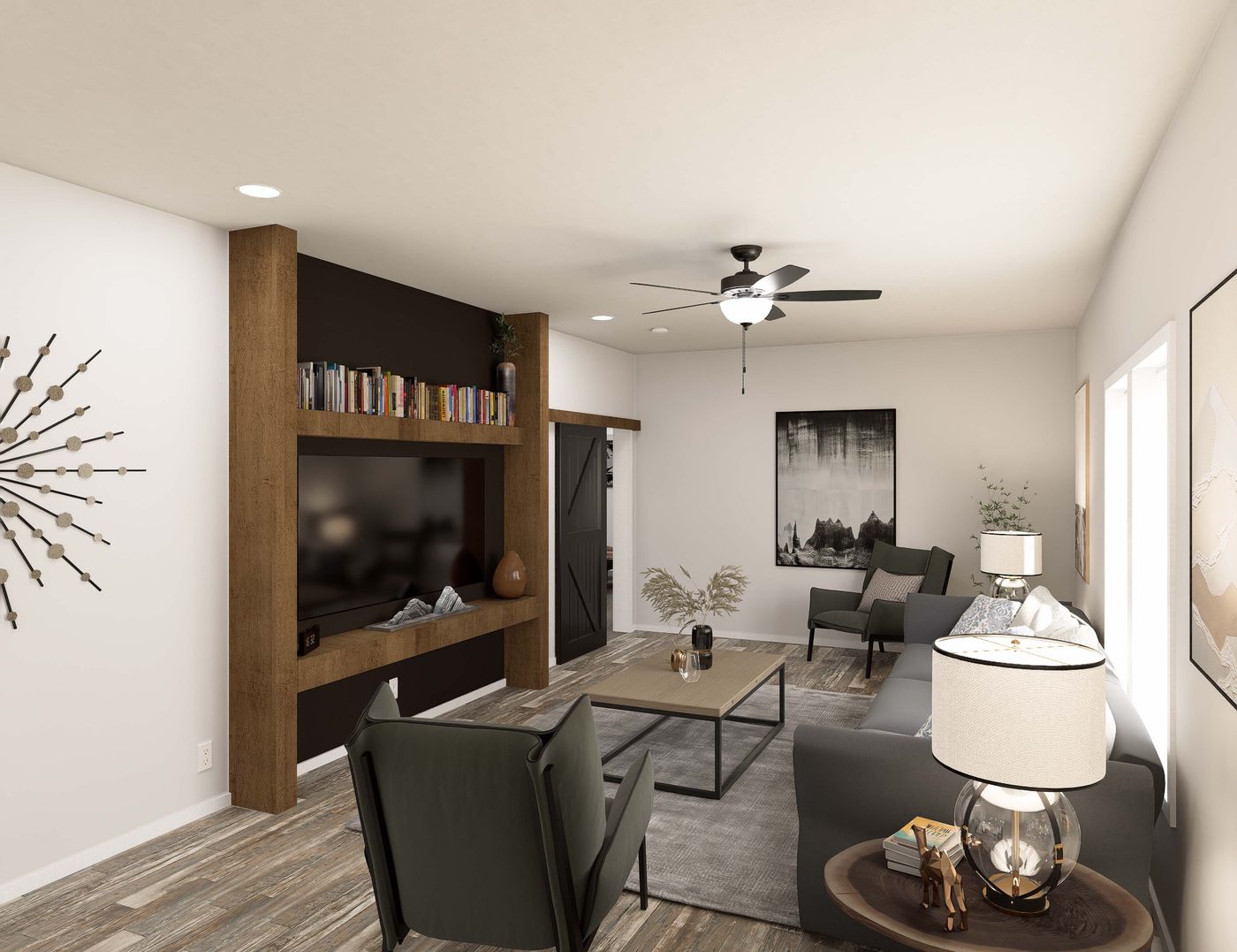 The THE BREEZE 2.5 CLAYTON Living Room. This Manufactured Mobile Home features 4 bedrooms and 2 baths.