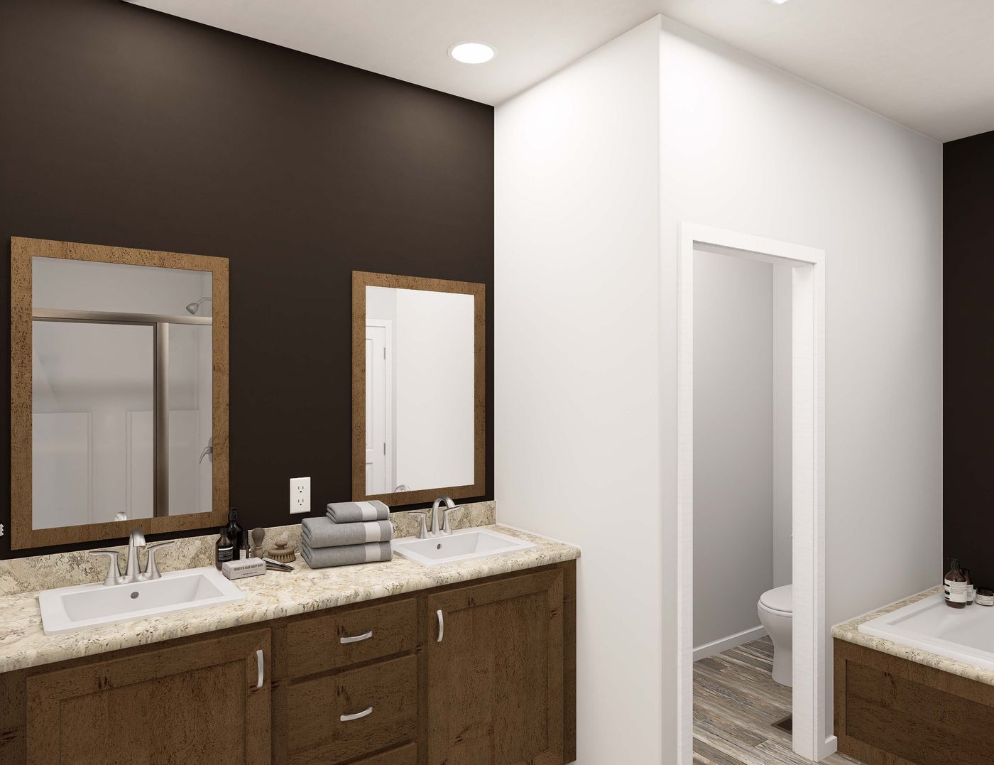 The THE BREEZE 2.5 CLAYTON Primary Bathroom. This Manufactured Mobile Home features 4 bedrooms and 2 baths.