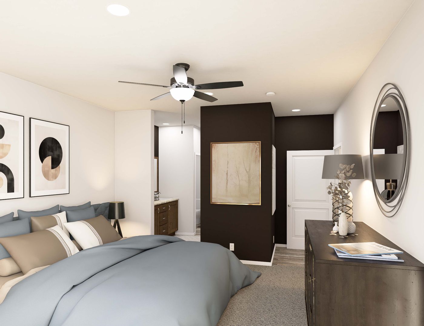 The THE BREEZE 2.5 CLAYTON Primary Bedroom. This Manufactured Mobile Home features 4 bedrooms and 2 baths.