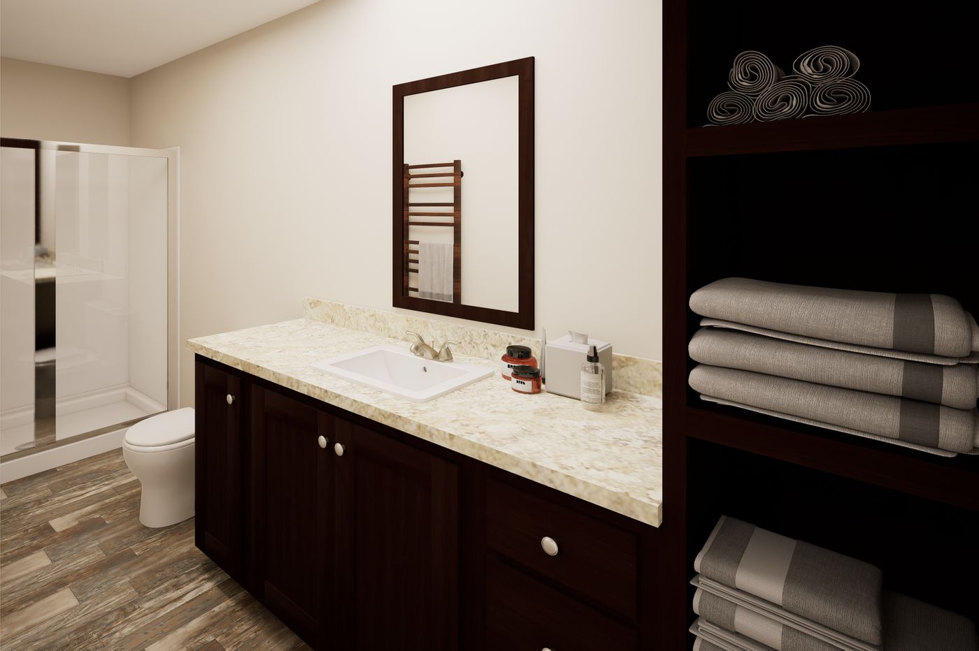 The A DUPLEX 2/2 2/2 Primary Bathroom. This Manufactured Mobile Home features 3 bedrooms and 4 baths.