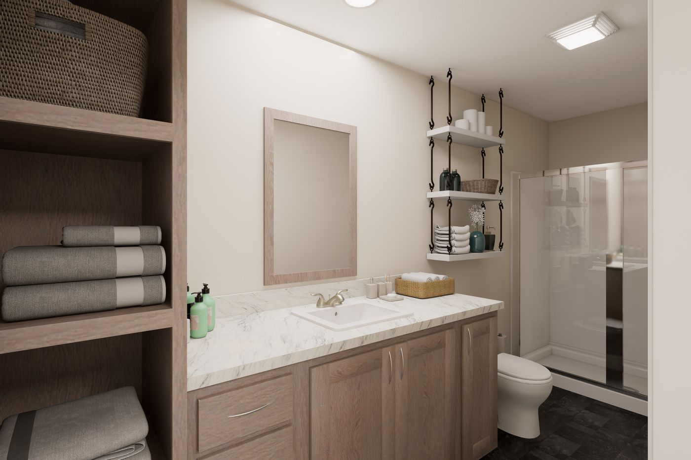 The B DUPLEX 2/2 2/2 Primary Bathroom. This Manufactured Mobile Home features 3 bedrooms and 4 baths.