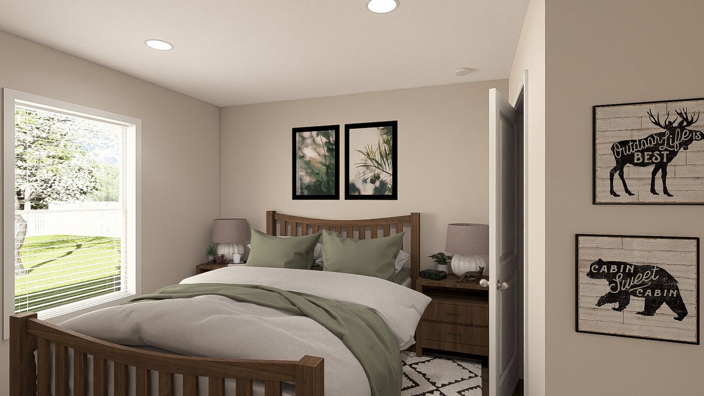 The DRM561M 56'              DREAM Primary Bedroom. This Manufactured Mobile Home features 2 bedrooms and 1 bath.
