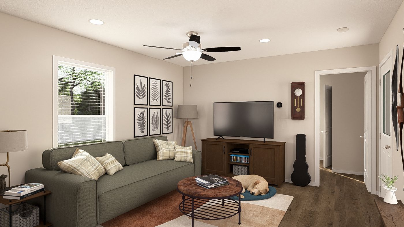 The DRM561M 56'              DREAM Living Room. This Manufactured Mobile Home features 2 bedrooms and 1 bath.