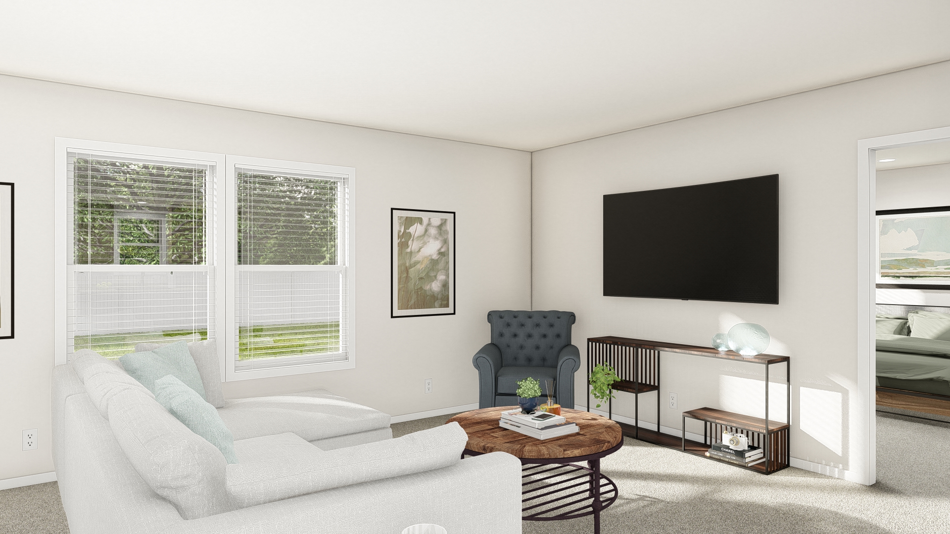 The DRM481F 48'              DREAM Living Room. This Manufactured Mobile Home features 3 bedrooms and 2 baths.